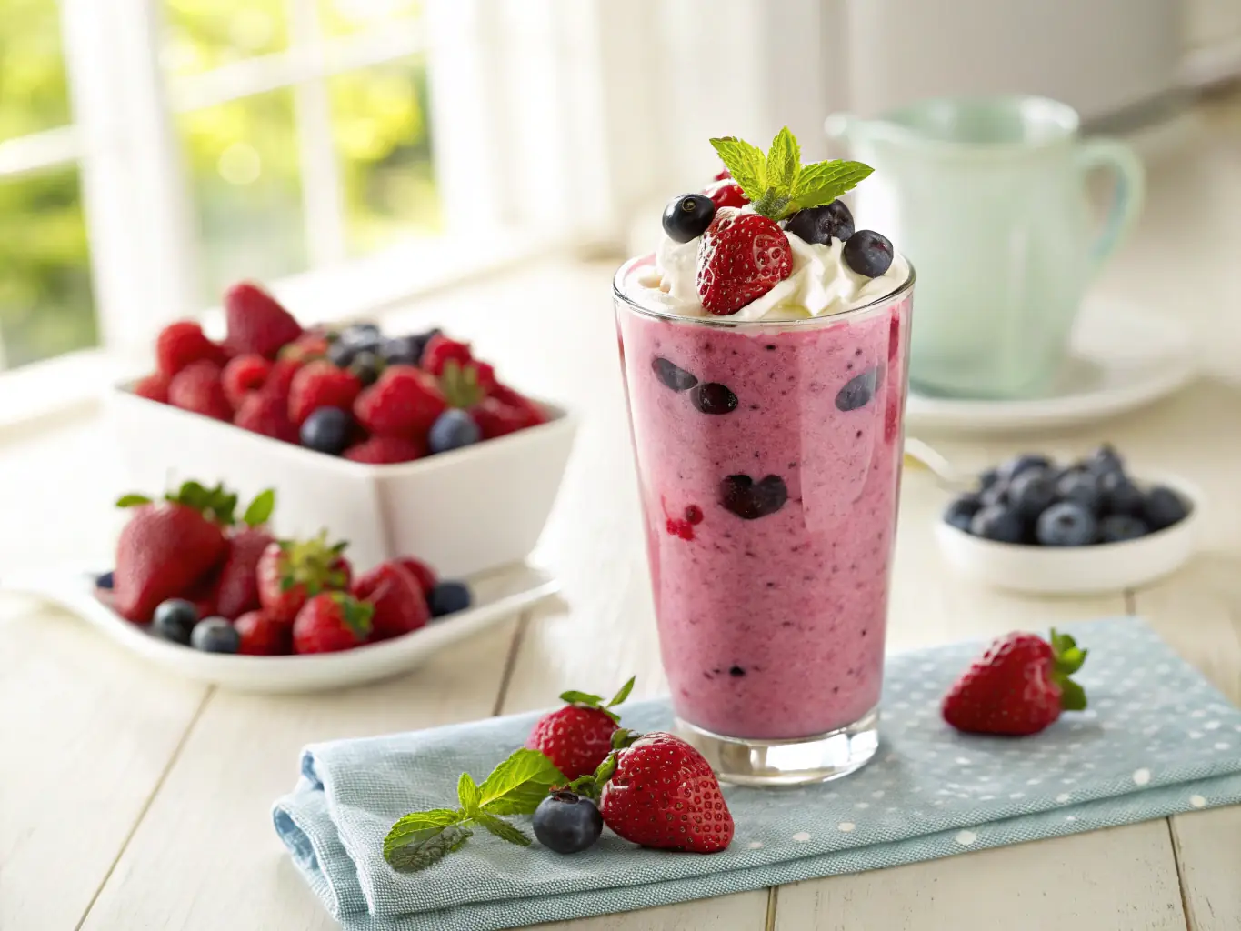 A colorful smoothie made with mixed berries, showcasing its rich antioxidants and vibrant colors, with fresh berries scattered around.
