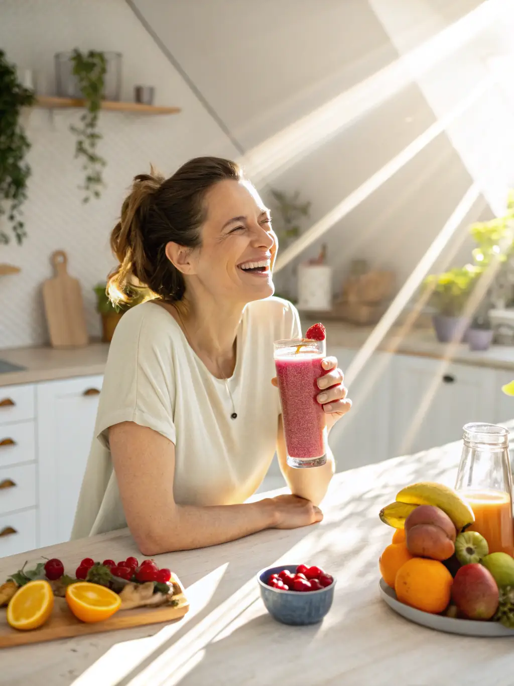 A close-up shot of a person enjoying a glass of JuiceVibe juice, emphasizing the refreshing and revitalizing experience.