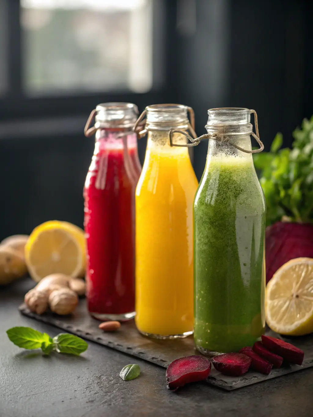 A collection of colorful juice glasses, showcasing different fruit juice combinations, used to promote refreshing juice recipes for hot days.